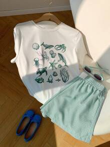 Comfortcana Áo thun nữ cổ tròn tay ngắn in hình sao biển màu xanh ô liu và quần short sọc trang phục thường ngày - Màu xanh lá cây đậm - Xem 6