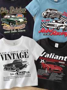 SHEIN Bộ 4 áo thun ngắn tay cổ tròn in hình xe đua cho bé trai, thích hợp mặc mùa hè, áo thun in hình xe hơi, áo thun in hình cho bé trai, áo thun quần áo cho bé trai. - Nhiều màu - Xem 3