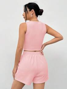 SHEIN EZwear 女士休闲运动日常通勤浅粉色字母印花露脐背心和短裤套装，夏季 - 淺粉色 - 查看 2