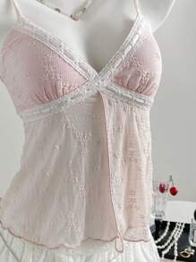 SHEIN EZwear Plus Size Contrast Color Spaghetti Strap Lace Patchwork Sleeveless Summer Camisole Babydoll Camisole Pink Lace Camisole Embroidered Camisole