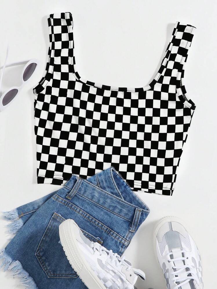 SHEIN EZwear Checker Crop Tank Top - Đen và trắng - Xem 1