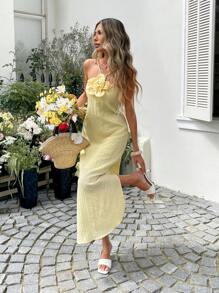 SHEIN LUNE Plus Size Women Solid Color 3D Floral Decor Elegant Halter Neck Dress  Yellow Dress Comfortable And Versatile - Yellow - View 2