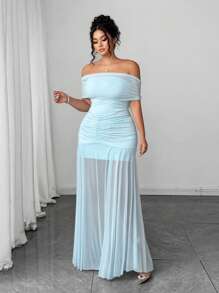 Elenzga Váy len hở vai cỡ lớn cho nữ, váy dài lưới chắp vá màu xanh nhạt - Màu xanh nhạt - Xem 7