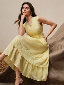 Anewsta Vestido ajustado de mujer sin mangas con adorno de encaje en la cintura