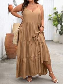 Flirla Vestido largo de verano de talla grande para mujer, de estilo bohemio, suelto y elegante, para vacaciones y uso diario, de un solo color y con múltiples capas y tirantes divididos - Marrón - Ver 3