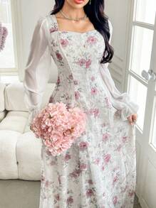 Modelyn 女士长款方领刺绣拼接雪纺优雅浪漫腰部 A 字连衣裙 - 白色 - 查看 4