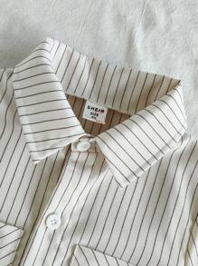 SHEIN 2pcs/Set Boys Casual Striped Polo Collar Short Sleeve T-Shirt & Shorts Set, Simple Outfit Suitable For Outdoor, School And Daily Wear, Fits Ages 4-7 Years - White - View 7