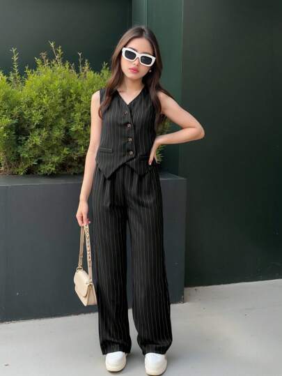 Set de 2 piezas de chaleco y pantalón a rayas, casual y formal, para niñas preadolescentes