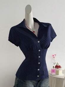 Elamini Polka Dot Print Lapel Collar Fitted Short Sleeve Blouse For Women