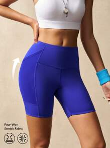 VARSITIE Women Casual Solid Color Mesh Panel Pocket Biker Workout Short , Summer