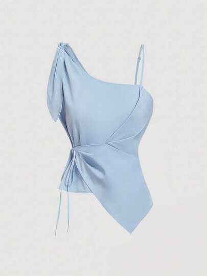 SHEIN MOD Women's Asymmetric Design Blue Bowknot Strap Tank Top,Deconstructed Top,Western Wear Women,Vacation,Beach,Boho,Going Out Top,Y2k Tops,Summer Tops,Cute Summer Tops,Fairycore