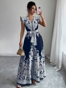 Elenzga Women's Floral Print A-Line Dress, Fashionable For Summer - Navy Blue - View 1