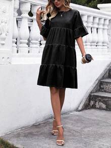 EMERY ROSE Women's Casual Fashion Round Neck Short Sleeve Denim Babydoll Dress - Black - View 5