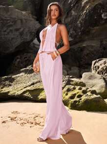 SHEIN BAE 女士性感V领露背吊带上衣和宽松阔腿裤套装，夏季度假风格 - 淺粉色 - 查看 4