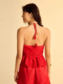 CAJUNI 女士夏季休闲蕾丝边露背系带背心，适合海滩度假 - 紅色 - 查看 2