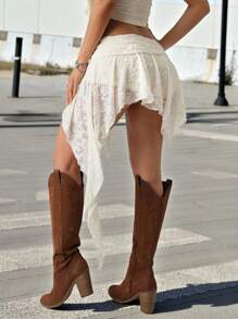 SHEIN ICON 女式蕾丝拼布抽绳不对称迷你裙，米色，夏季 - 杏色 - 查看 2