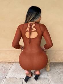 Zolique Women's Solid Color Round Neck 3/4 Sleeve Tie-Back Form-Fitting Long Dress Fall Cloth For Women