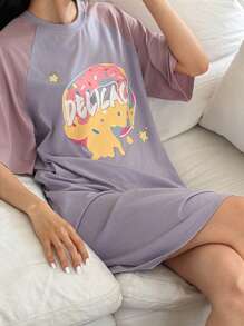 DAZY Camisón con diseño de bloqueo de color, estampado de letras y donas lindo para mujeres