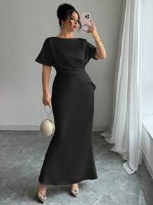 Elenzga Plus Size Women's Black Summer Elegant Formal Evening Dress,Satin French Style Luxurious V-Neck Wrap Waist Fishtail Hem Long Dress For Office,Party - Black - View 6