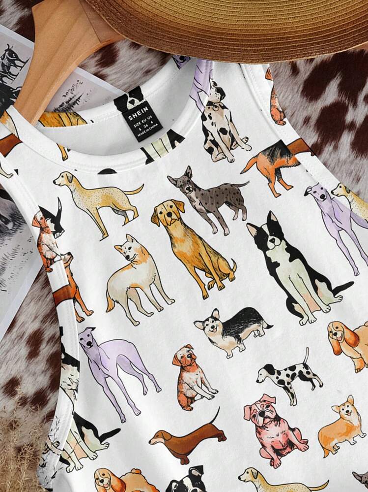 SHEIN EZwear Regata Feminina Ajustada com Estampa Fofa de Filhote de Cachorro Retrô Nômade, Adequada para o Verão - Multicolorido - Visão 4