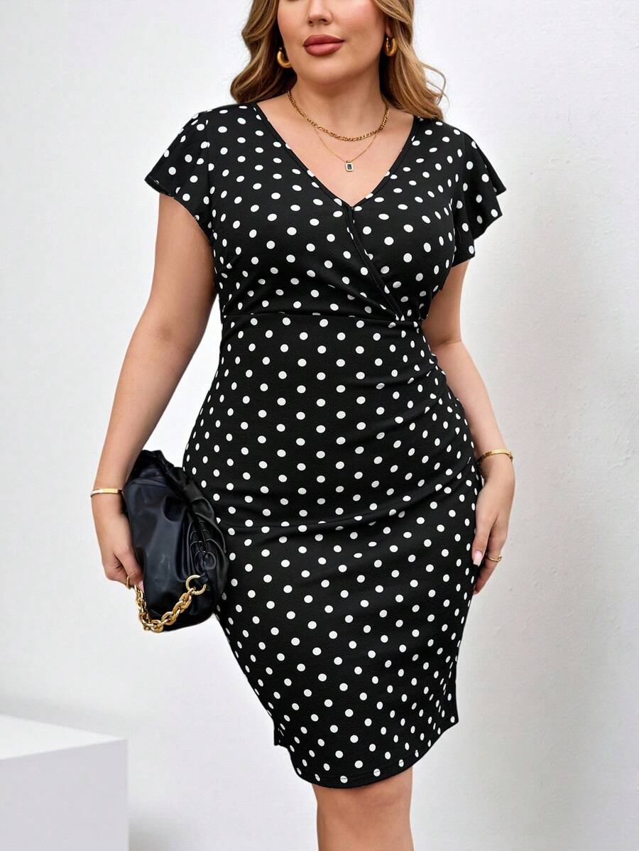 SHEIN Clasi 大码圆点荷叶边袖紧身连衣裙 - 黑與白 - 查看 1