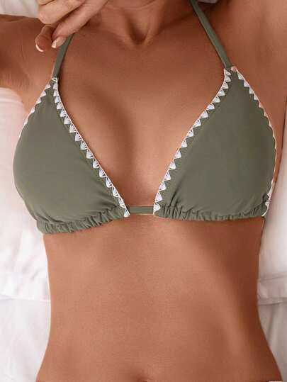 Swim Basics Women's Floral Trim Halter Swimsuit Bikini Top For Summer Beach Vacation