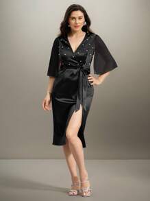 SHEIN Clasi Khăn choàng satin thanh lịch, váy midi bó eo trang trí ngọc trai taffeta cho phụ nữ ngoại cỡ, váy dự tiệc cưới mùa hè - màu đen - Xem 4
