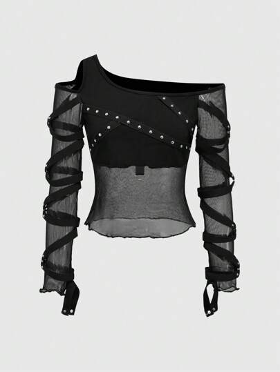 Grunge Punk Punk Style Studded Mesh Shoulder Cutout Women T-Shirt, Music Festival, Summer