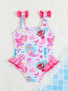 Baby Girls Mermaid Print Knit Fabric Swimsuit, Shoulder Double Bow Decor, Ruffled Leg, One-Piece Swimwear, Fashion And Elegant, Suitable For Swimming, Vacation, Summer Baby Girls Clothing Swimsuits Swimsuit Set For Baby Girl Baby Girl Swimwear Baby Girl Clothes Beach Swimsuit For Baby Girls - Multicolor - View 2