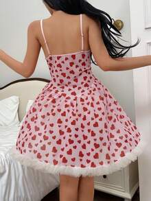 ZzzCrew 3D Floral Lace Trim Heart Print Mesh Backless Camisole Slip Nightgown Heart Print Dress Lingerie Babydoll Dress Babydoll Dress Red Heart Dress Lingerie Dress
