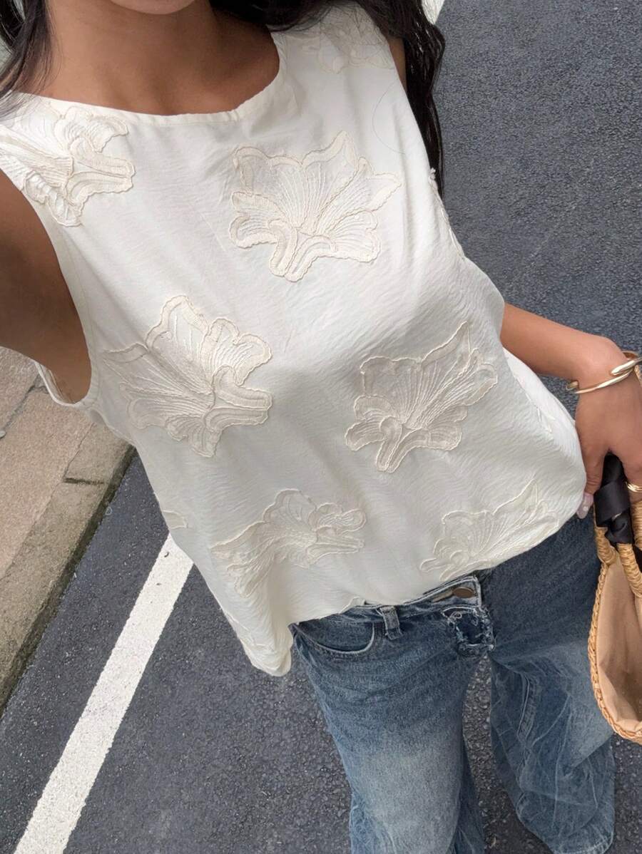 SHEIN Frenchy Women's Casual Floral Jacquard Sleeveless Round Neck Blouse, Summer - Apricot - View 1