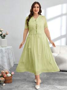 Modelyn Women 2Pcs Set: Chiffon Short Sleeve Tie Strap Jacket + Floral Decor Camisole Dress, French Elegant Style - Green - View 5