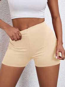 SHEIN 女性純色休閒短褲，夏季日常運動瑜珈 - 杏色 - 查看 3