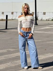 SHEIN ICON 1 pièce Élégante chemisier transparent à épaules dénudées et manches longues en dentelle sexy - Nude - Voir 6