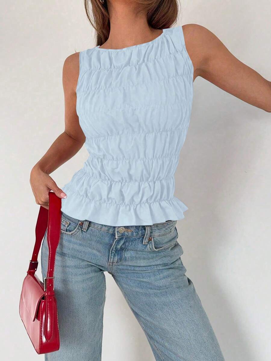 Roylia Women's Crew Neck Pleated Solid Color Ruched Hem Tank Top - Baby Blue - View 1