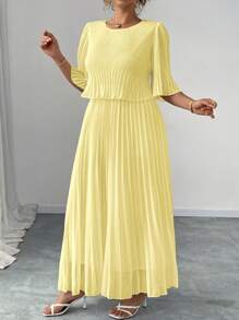 Elenzga Vestido plisado elegante de gasa de unicolor, adecuado para primavera y verano, talla grande - Amarillo - Ver 1