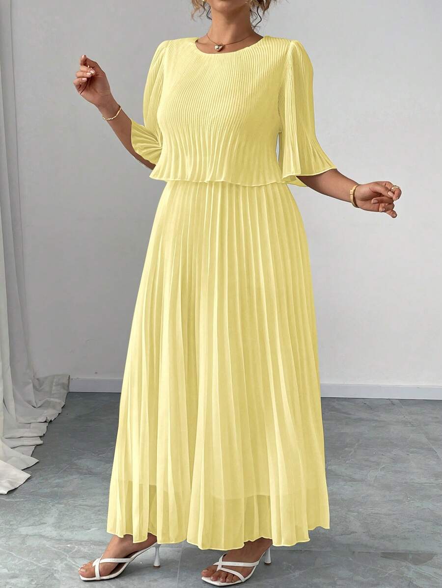 Elenzga Vestido plisado elegante de gasa de unicolor, adecuado para primavera y verano, talla grande - Amarillo - Ver 1