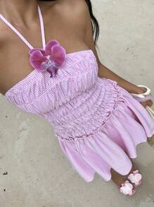 SHEIN EZwear Vestido mini de cuello de halter a rayas con decoración floral 3D para vacaciones de verano - Rosa - Ver 7