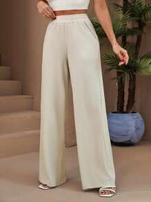 SHEIN PETITE 小码高腰弹力抽绳喇叭裤长腿纹理裤 - 奶油色 - 查看 7