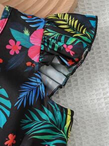 Elladie kids 女童优雅大花印花圆领盖袖镂空后背蝴蝶结腰部荷叶边下摆休闲连衣裙，时尚度假旅行，夏季 - 彩色 - 查看 8