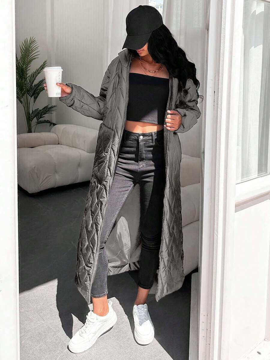 EURMUSE Women's Solid Color Long Sleeve Zipper Front Drawstring Waist Hooded Winter Coat - Grey - View 1
