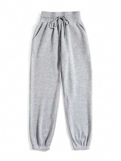 SHEIN X Lucía Bellido SHEIN EZwear Women's Spring Fashionable Drawstring Solid Grey Sports Cuffs Running Puffy Joggers With Pockets Graduation,Back To School Outfits,Graduation,Teacher Outfits For Women,Back To School
