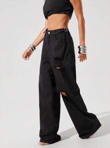 Denimoi Quần Jeans Denim Ống Rộng Baggy Cạp Cao Có Thể Điều Chỉnh - màu đen - Xem 3