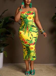 Slaydiva 大码女式热带印花修身抹胸连衣裙，夏季海滩度假风格