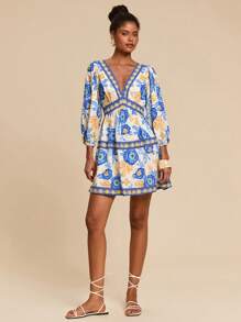 Travachic 女式 V 领 3/4 袖迷你印花梭织连衣裙、女士夏季服装、沙滩装、春夏装、复活节、节日服装、女士沙滩装、春假、女士度假服装、女士演唱会服装、波西米亚风、波西米亚、音乐节、美国独立日服装、热带度假女装、蓝白花卉印花、浪漫 - 藍白色 - 查看 4