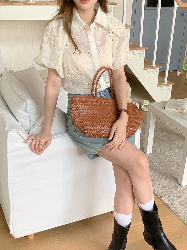 Women Heavy Lace Puff Sleeve Blouse, Korean Style Versatile For Summer