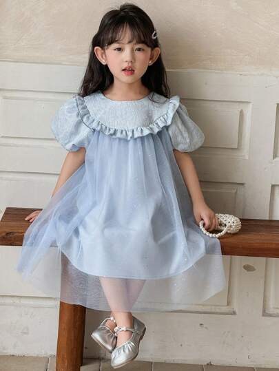 DAZY Young Girls Round Neck Embellished Shiny Sequin Tulle Puff Sleeve Birthday Party Dress,Girls Summer Outfits