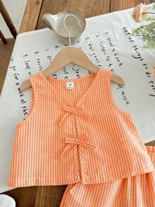 Emery Rose Kids Emery Rose Kids 2pcs Young Girl Set: Woven Striped Round Neck Top And Woven Shorts - Orange - View 3