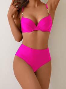 Swim Basics 女士全新纯色聚拢加厚吊带泳衣上衣和高腰三角裤比基尼套装，度假装