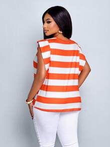 SOLERSUN 大码春夏新款条纹圆领无袖宽肩荷叶边修身T恤休闲度假优雅时尚女装 - 橘色 - 查看 2